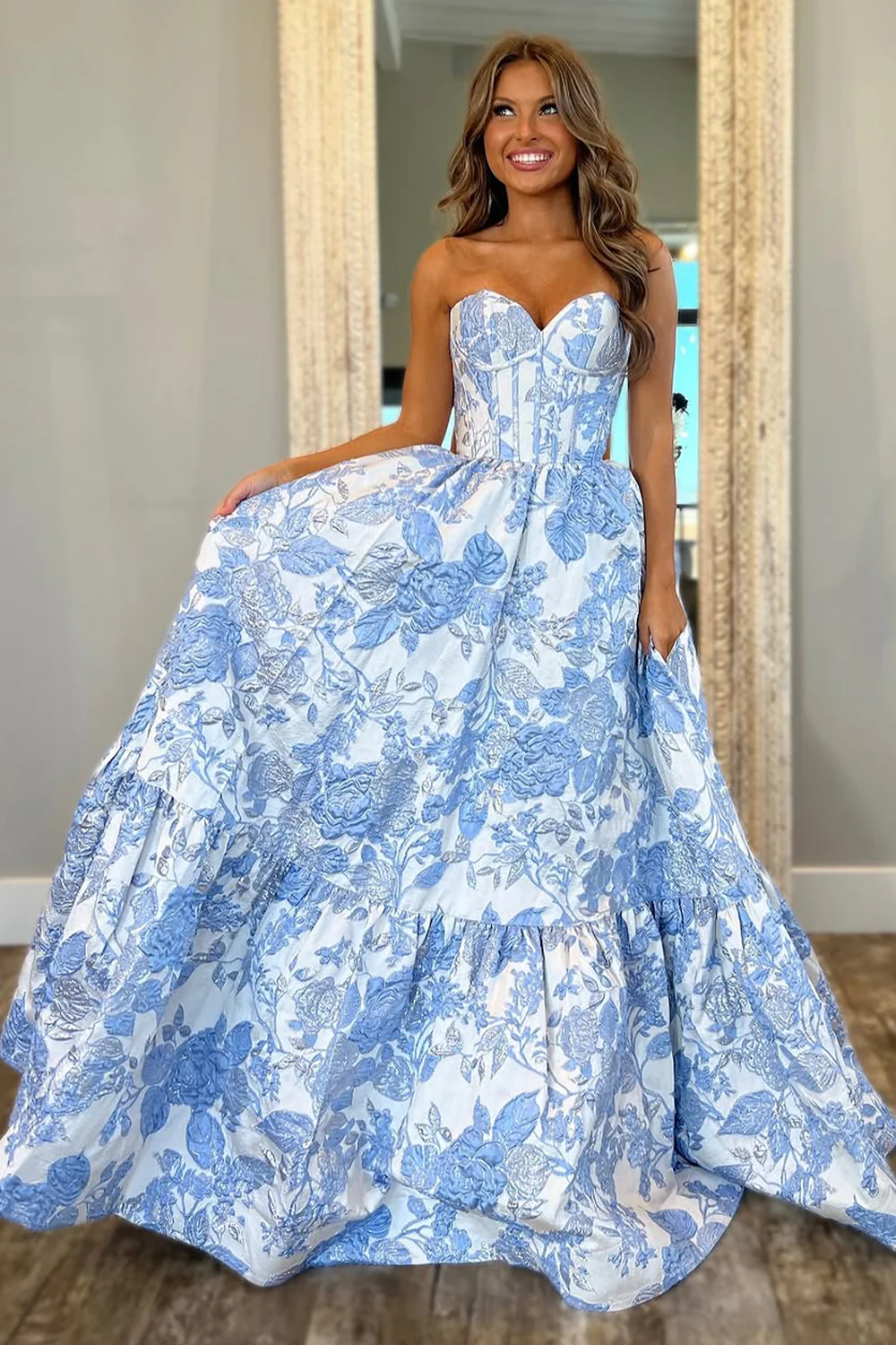 Light Blue Lovely Sweetheart Zipper Back A-Line Long Print Prom Party Dress - Image 3