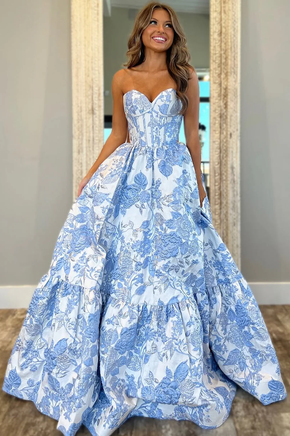 Light Blue Lovely Sweetheart Zipper Back A-Line Long Print Prom Party Dress - Image 4