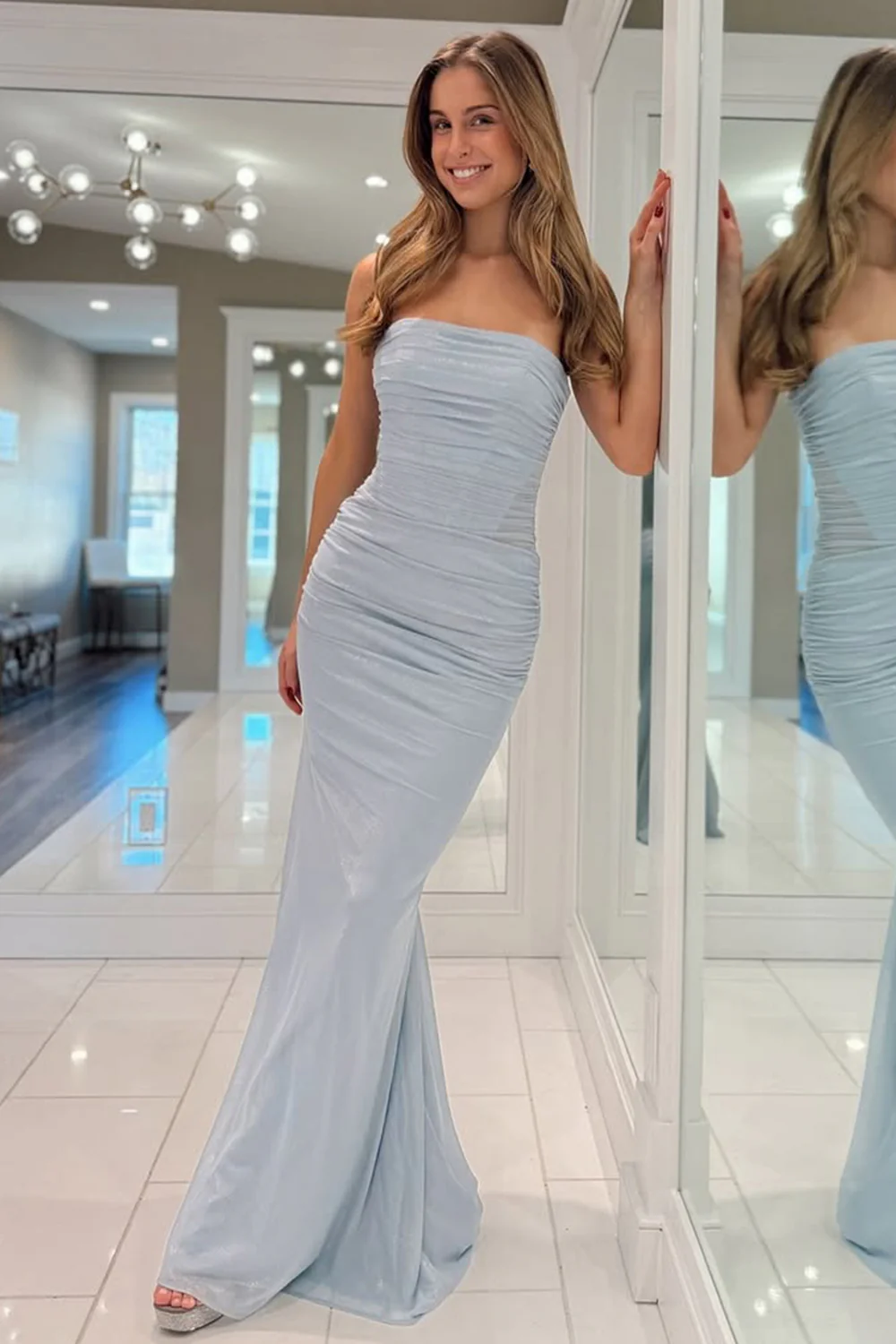 Light Blue Mermaid Gown with Metallic Shine and Pleated Details Prom Dress - Image 2