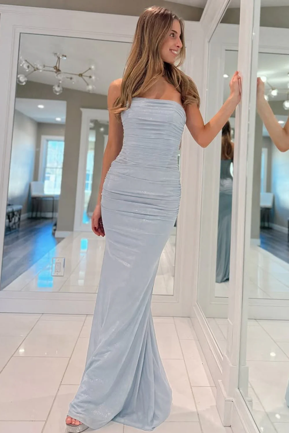 Light Blue Mermaid Gown with Metallic Shine and Pleated Details Prom Dress - Image 4