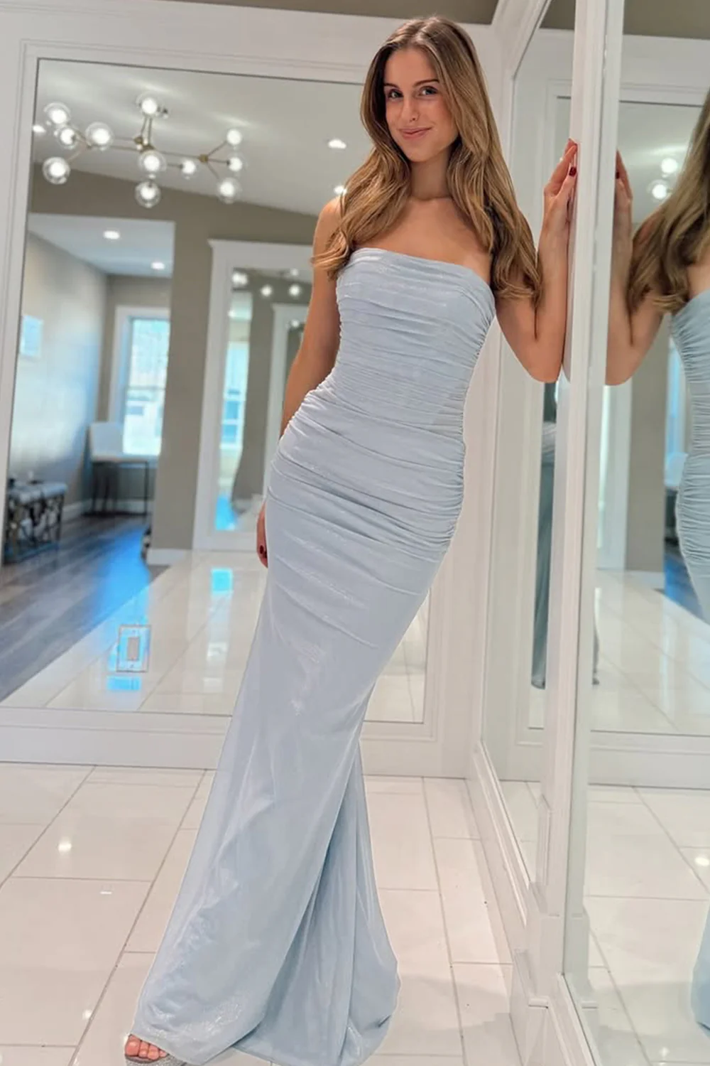 Light Blue Mermaid Gown with Metallic Shine and Pleated Details Prom Dress - Image 5