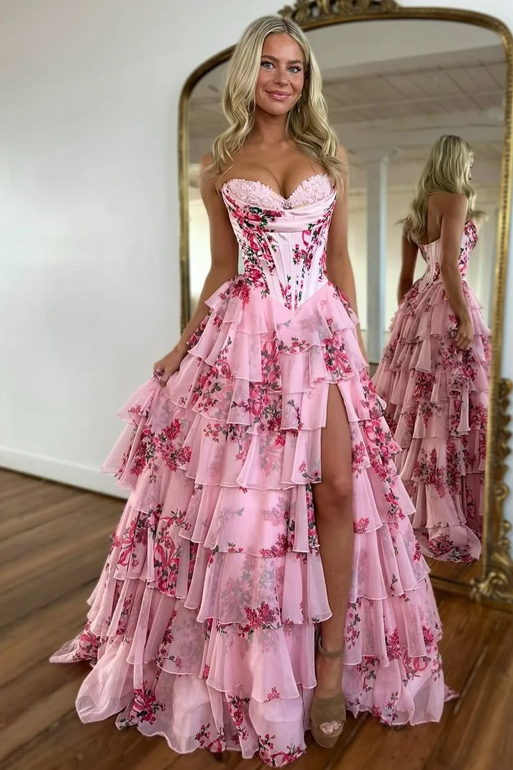 Light Blue Romantic A-Line Sweetheart Long Print Layered Tulle Prom Dress with Slit - Image 5