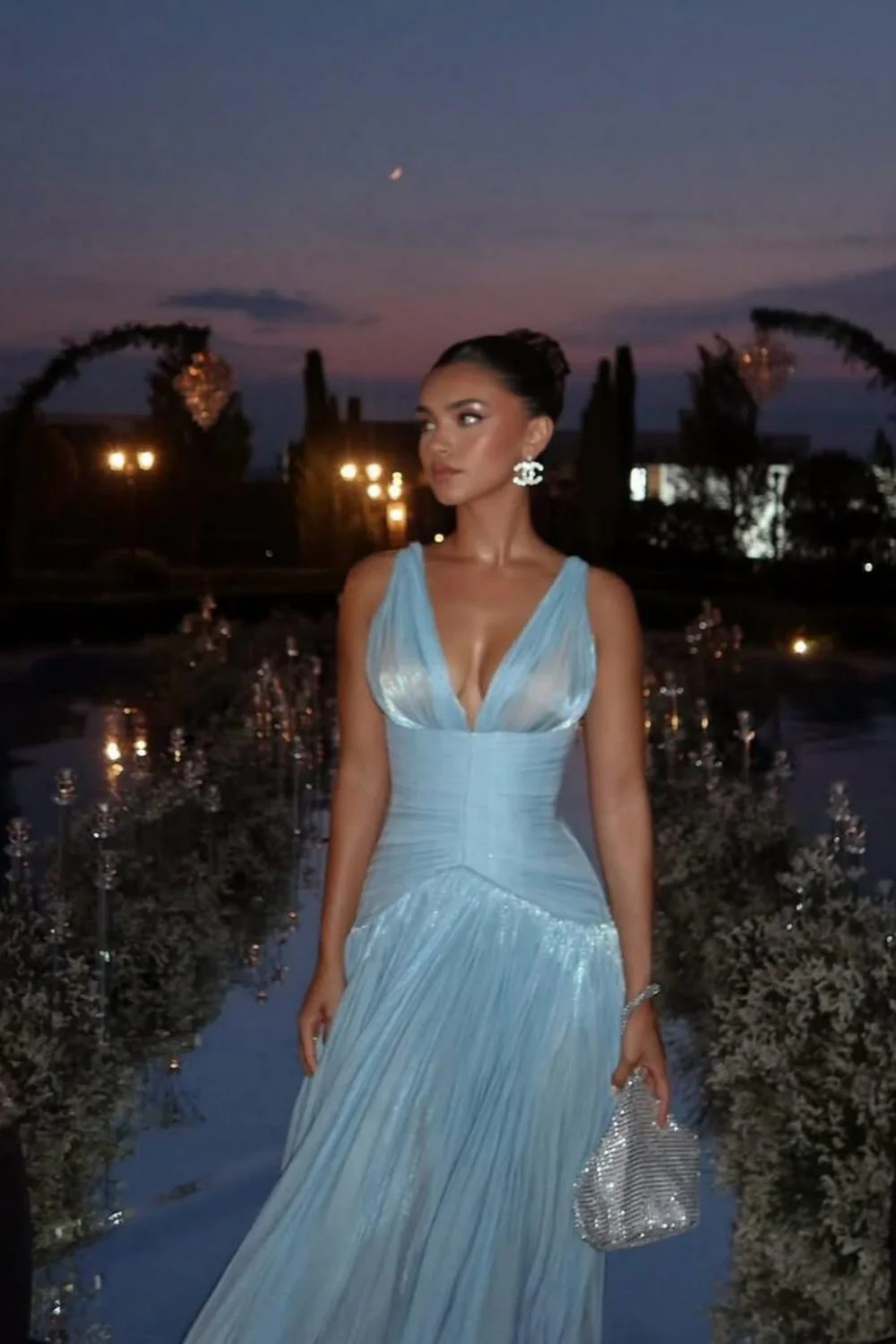 Light Blue Shimmer A-Line Evening Gown with Plunge Neck and Slit - Image 2