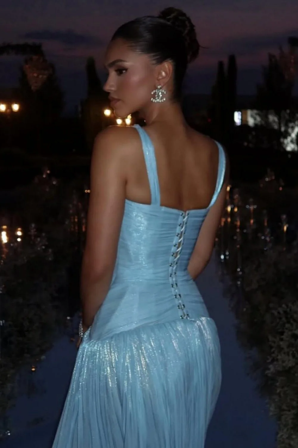 Light Blue Shimmer A-Line Evening Gown with Plunge Neck and Slit - Image 3