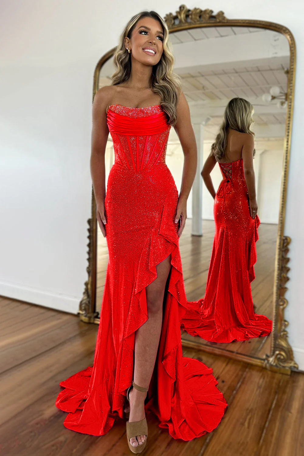 Light Blue Strapless Mermaid Prom Dress with Lace Up Back Beaded Details and Leg Slit - Image 9