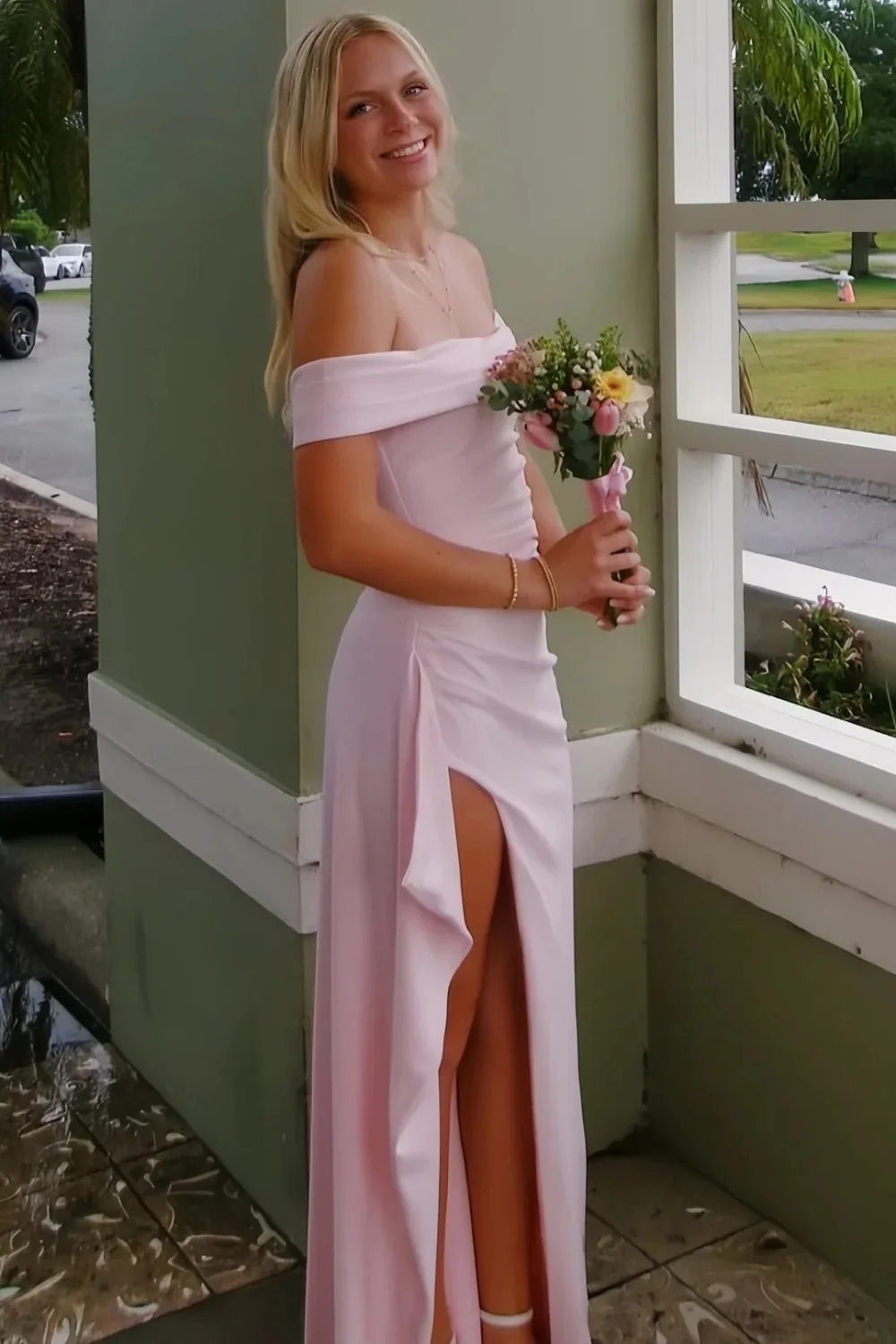 Light Pink Off Shoulder Mermaid Prom Dress with Ruffle Side High Slit - Image 2