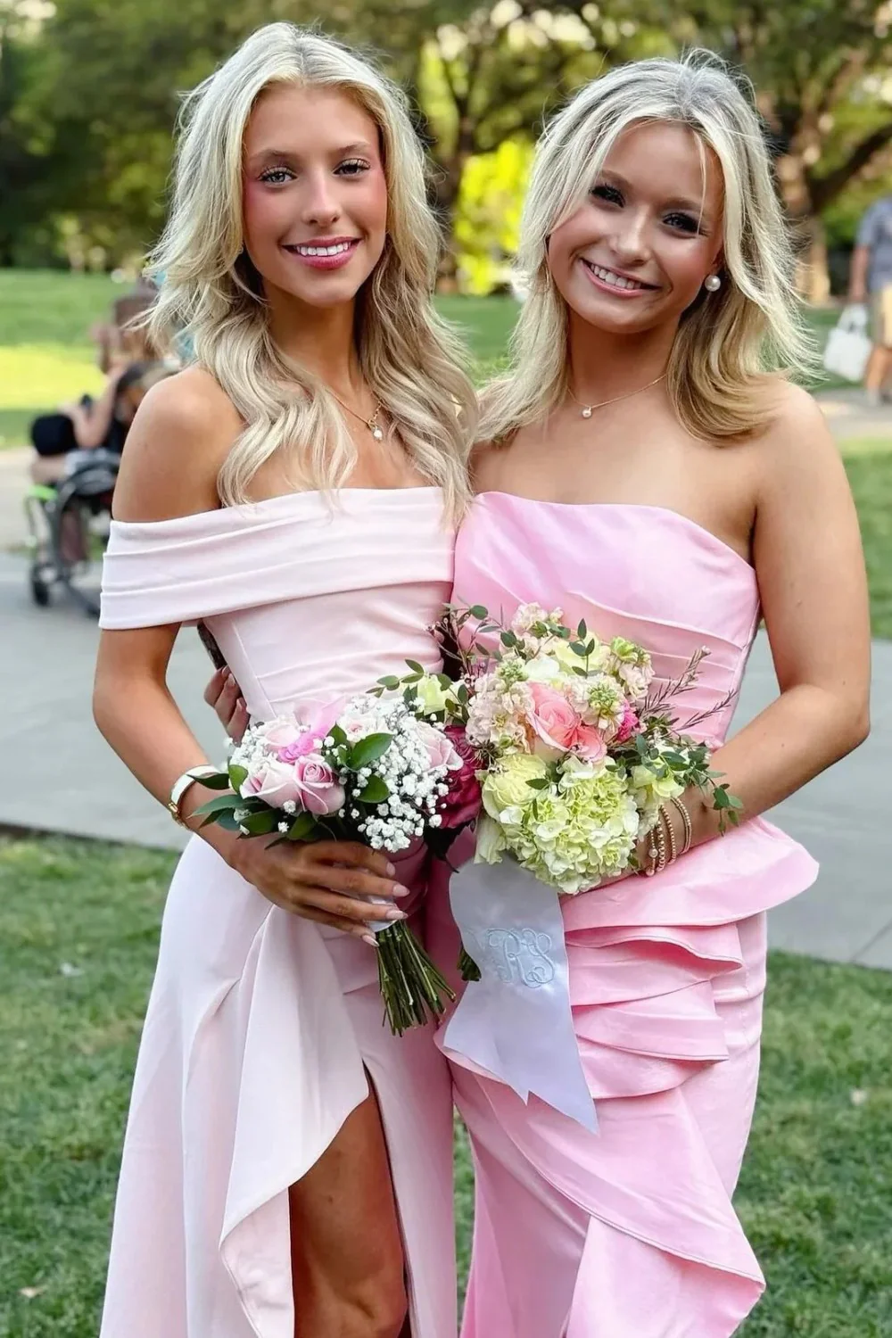 Light Pink Off Shoulder Mermaid Prom Dress with Ruffle Side High Slit - Image 3