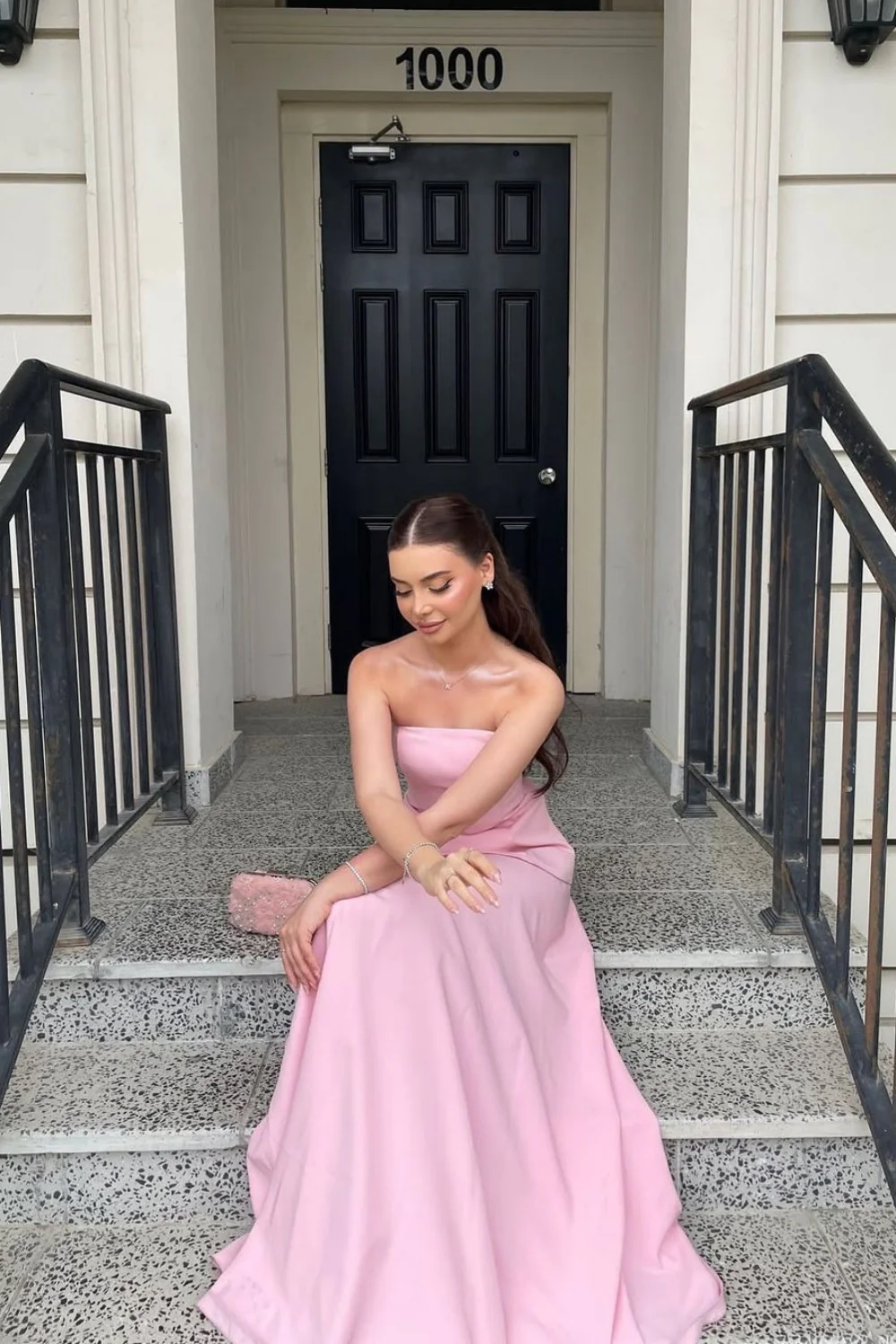 Light Pink Satin Strapless Floor Length Prom Dress - Image 2