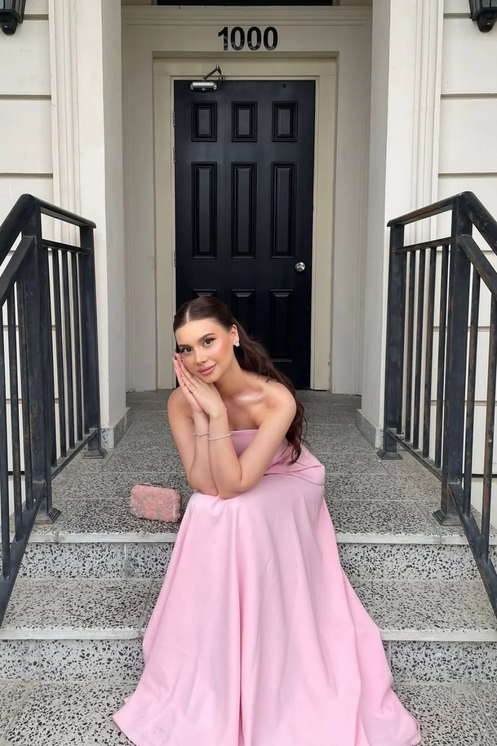 Light Pink Satin Strapless Floor Length Prom Dress - Image 3