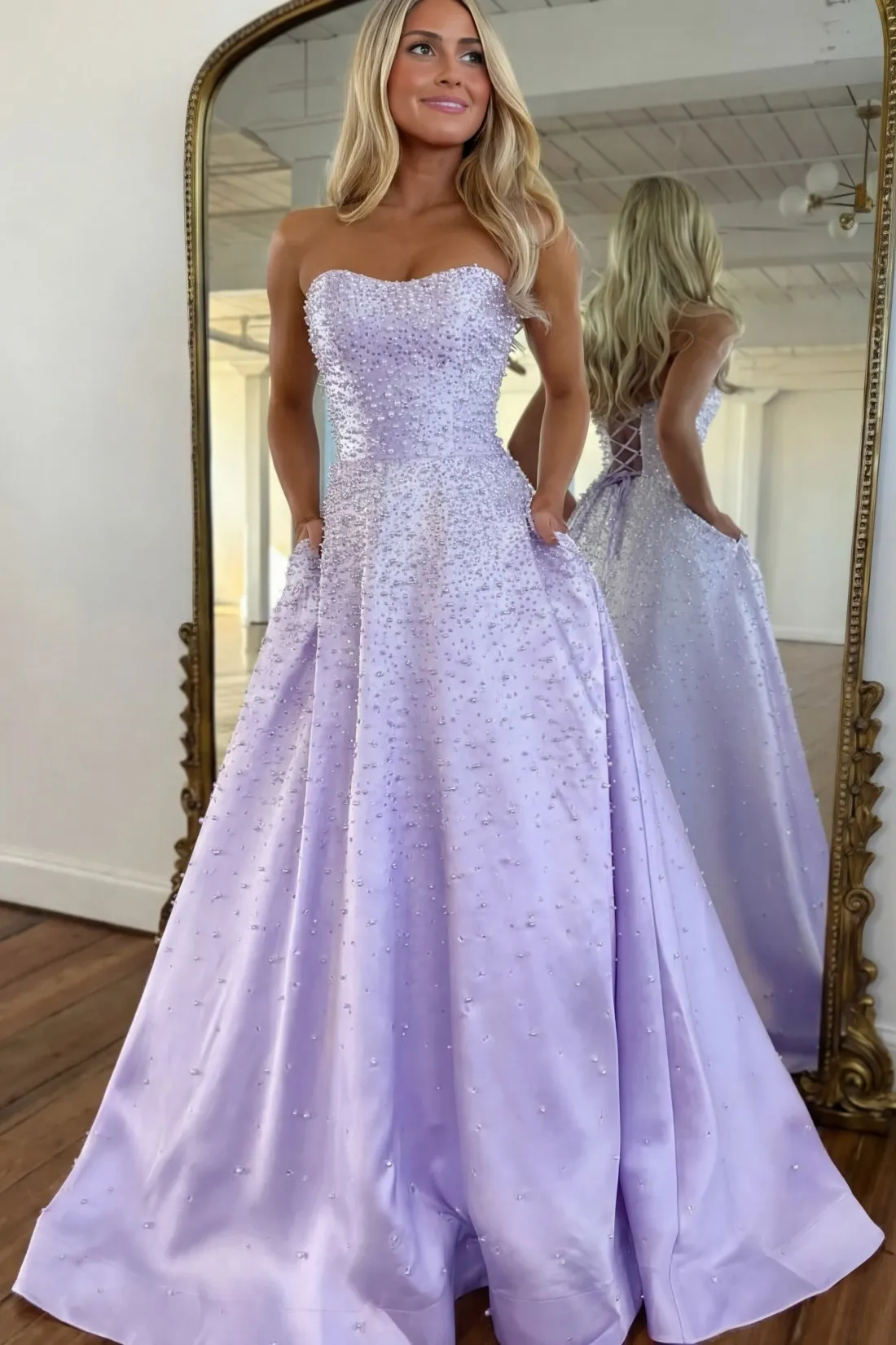 Light Pink Strapless Beaded Prom Dress A-Line Satin Gown with Corset Back - Image 5