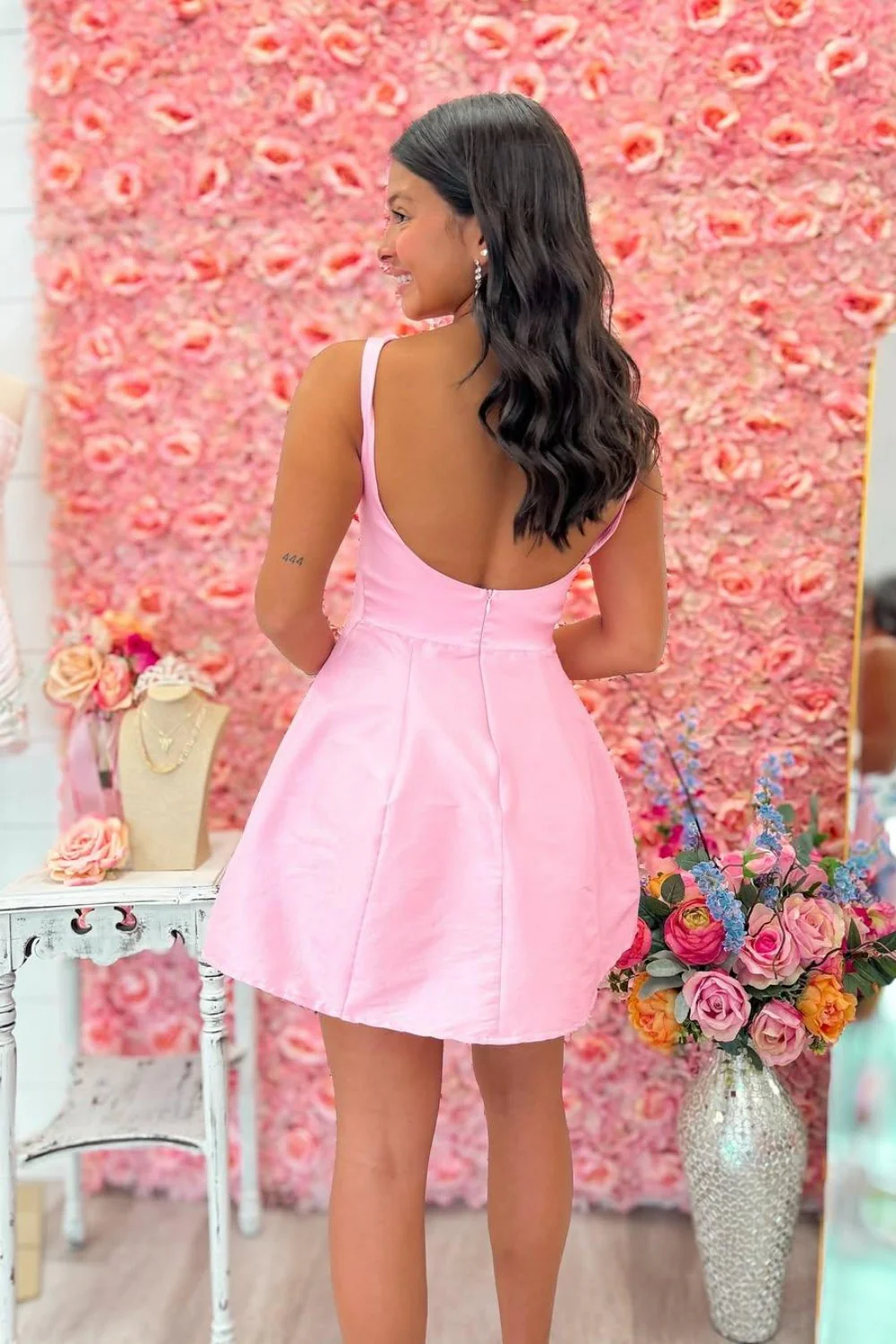 Light Pink Straps Open Back Fit and Flare Mini Homecoming Dress - Image 4