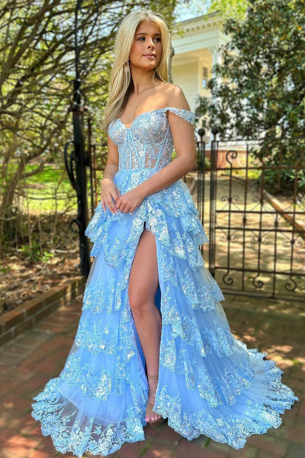 Gorgeous Off The Shoulder A Line Sequin Prom Dress with Glitter Finish Tiered Layers and Slit - Image 8