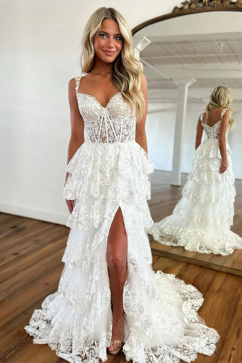 Gorgeous Off The Shoulder A Line Sequin Prom Dress with Glitter Finish Tiered Layers and Slit - Image 9