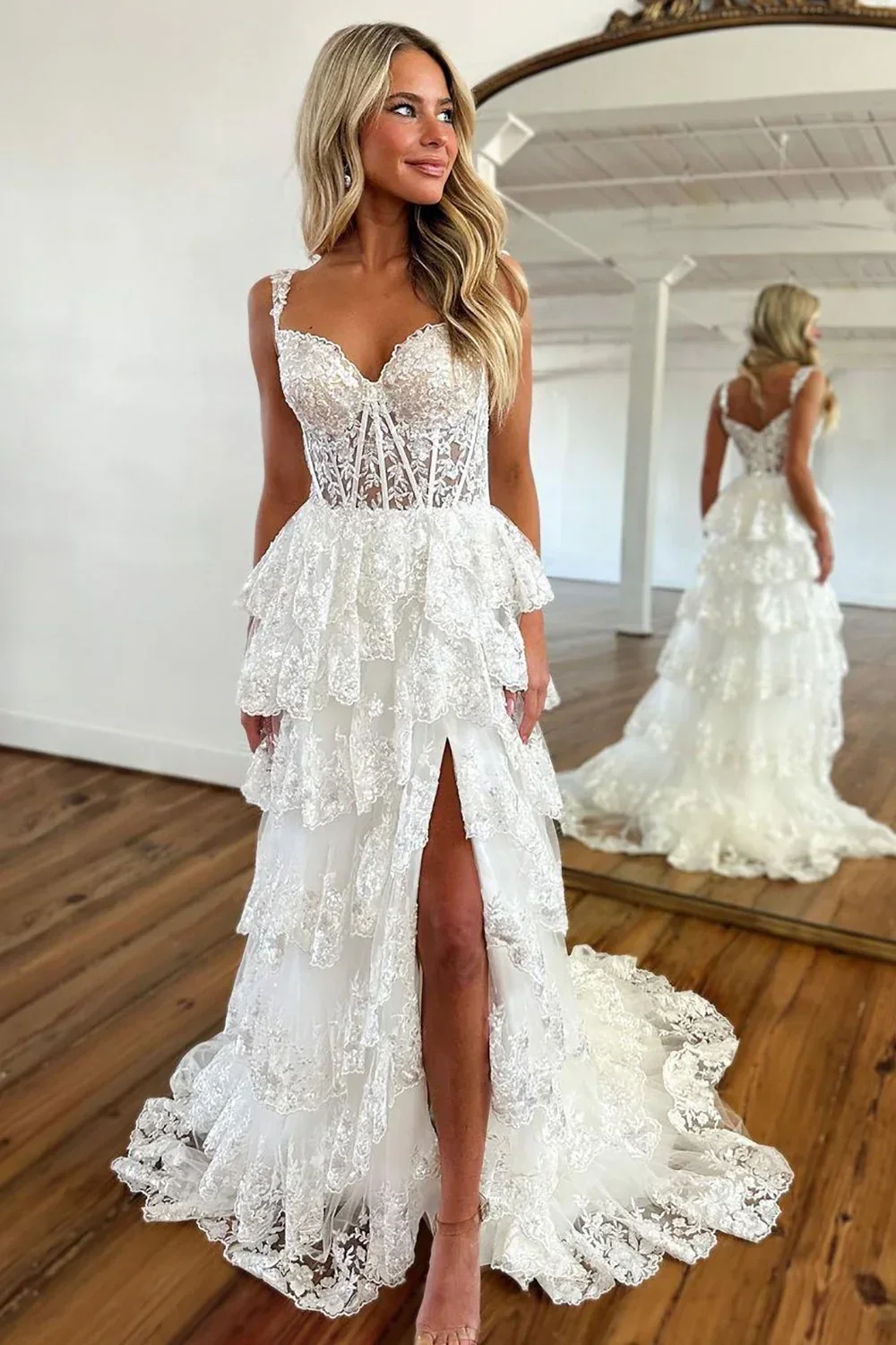 Gorgeous Off The Shoulder A Line Sequin Prom Dress with Glitter Finish Tiered Layers and Slit - Image 10