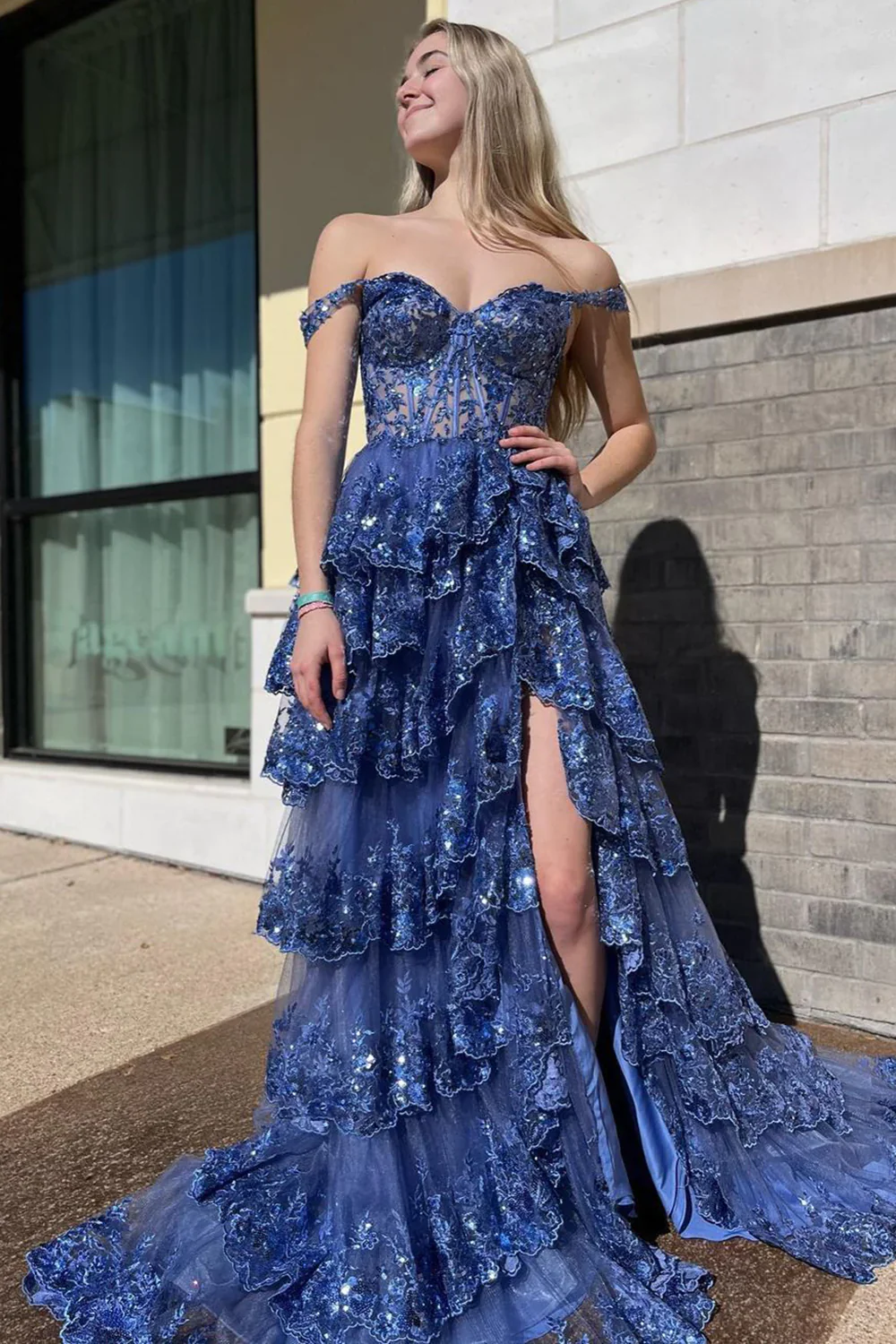 Gorgeous Off The Shoulder A Line Sequin Prom Dress with Glitter Finish Tiered Layers and Slit - Image 12