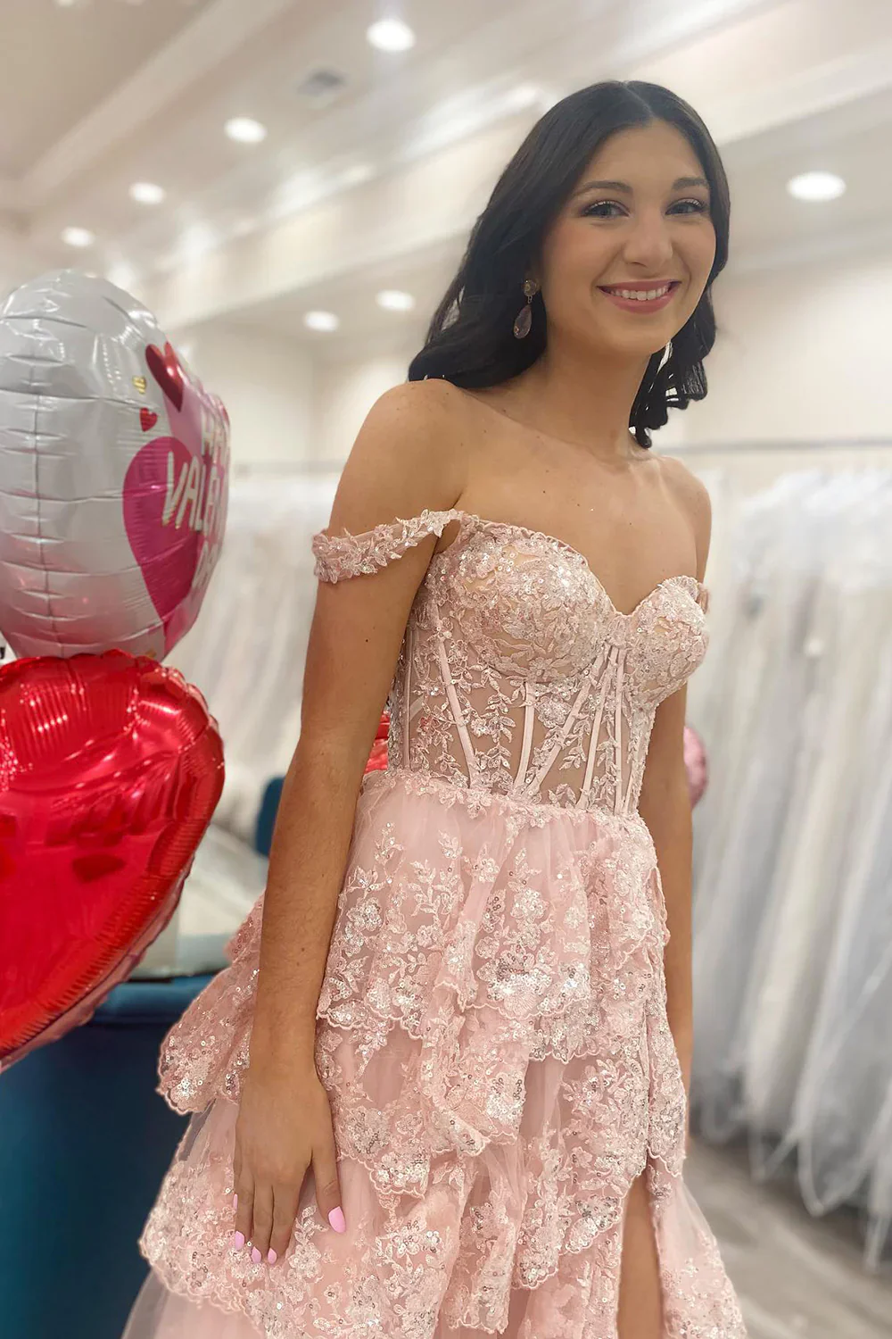 Gorgeous Off The Shoulder A Line Sequin Prom Dress with Glitter Finish Tiered Layers and Slit - Image 14