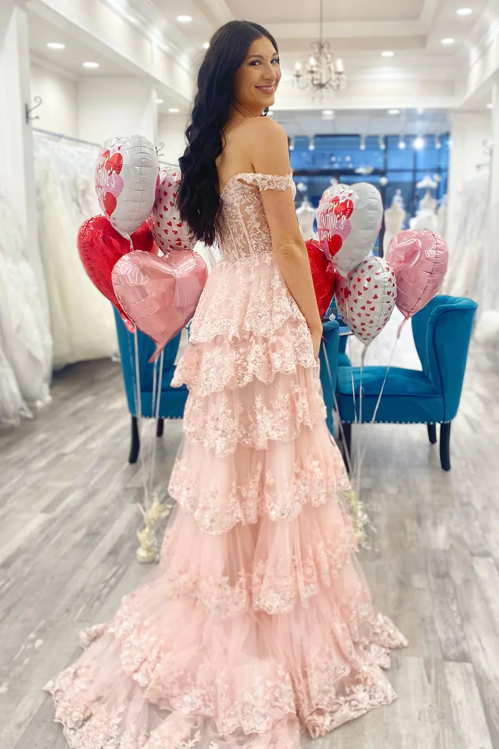 Gorgeous Off The Shoulder A Line Sequin Prom Dress with Glitter Finish Tiered Layers and Slit - Image 15