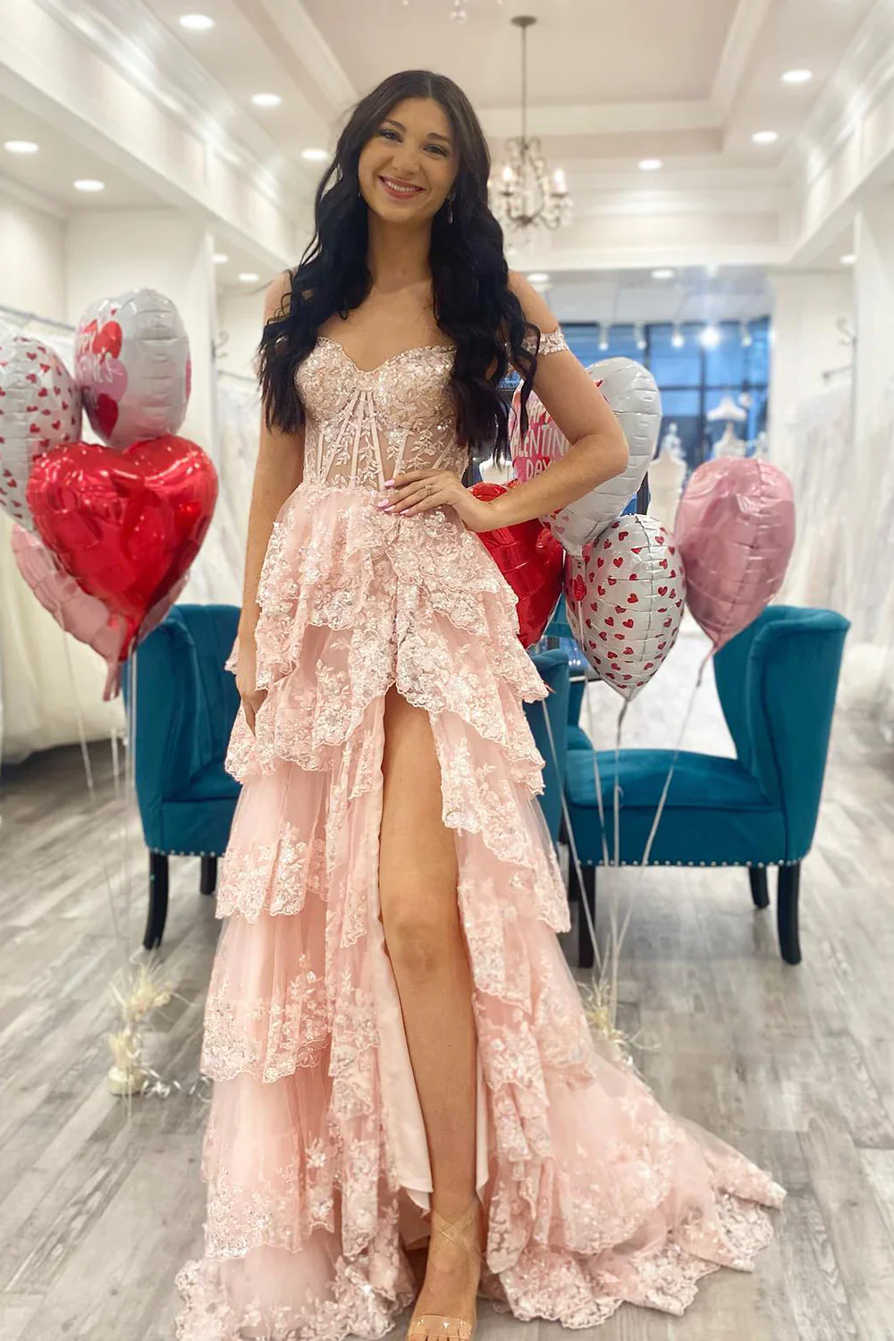 Gorgeous Off The Shoulder A Line Sequin Prom Dress with Glitter Finish Tiered Layers and Slit - Image 16