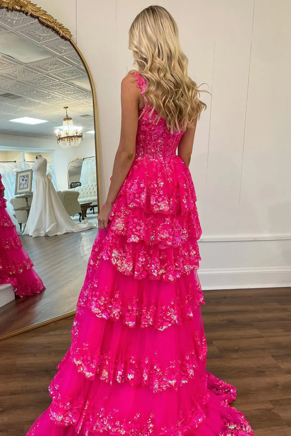 Gorgeous Off The Shoulder A Line Sequin Prom Dress with Glitter Finish Tiered Layers and Slit - Image 5