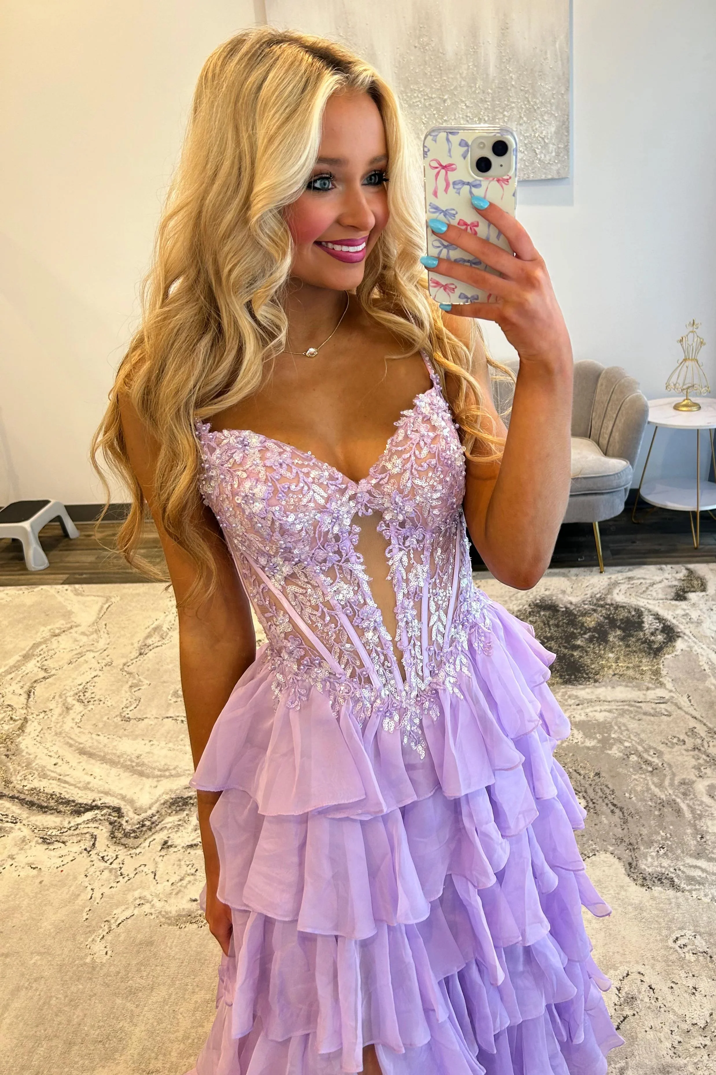 Lilac Appliqué Lace Corset Bodice Ruffle A-Line Prom Dress with High Slit - Image 3