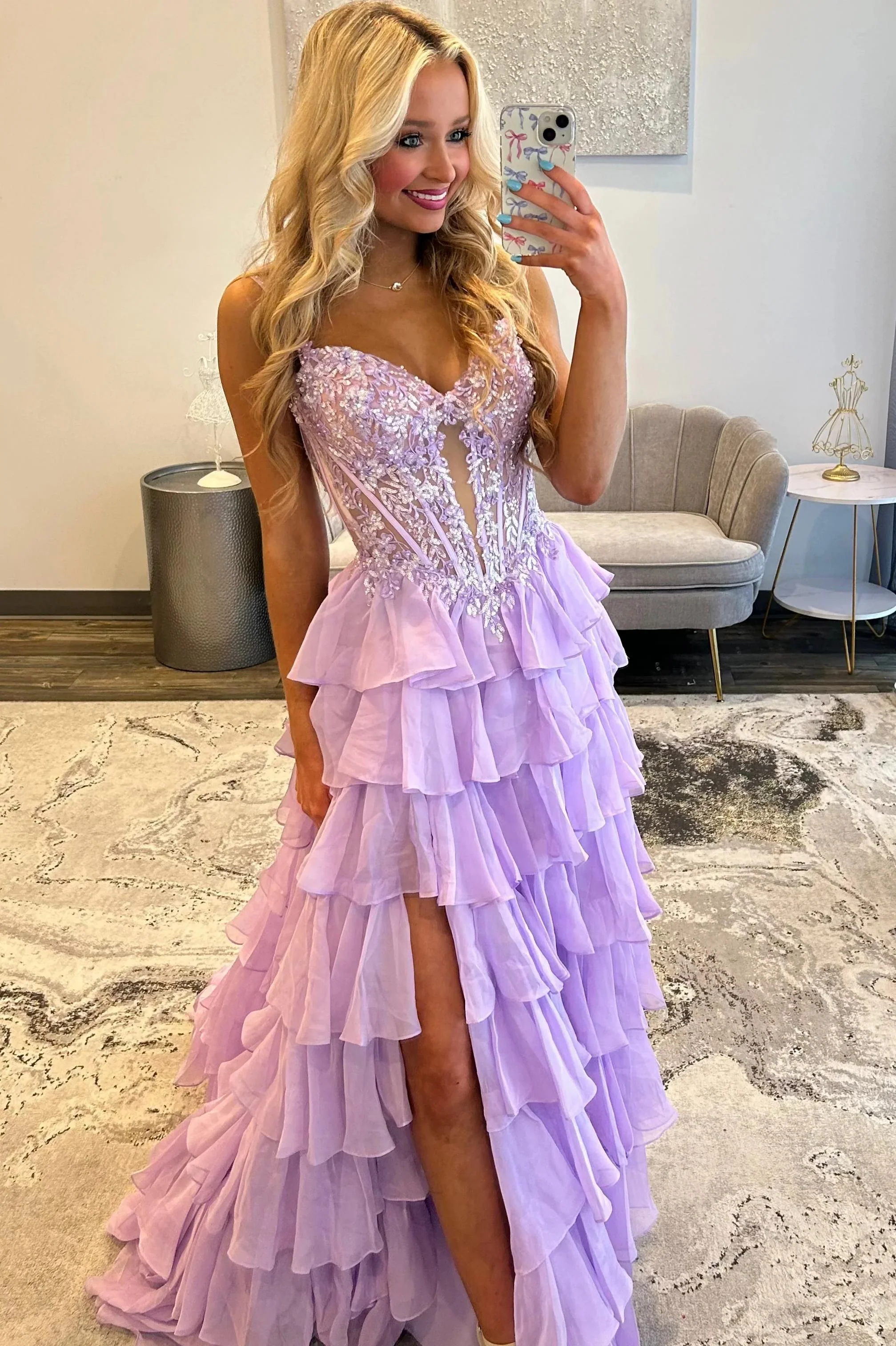 Lilac Appliqué Lace Corset Bodice Ruffle A-Line Prom Dress with High Slit - Image 4