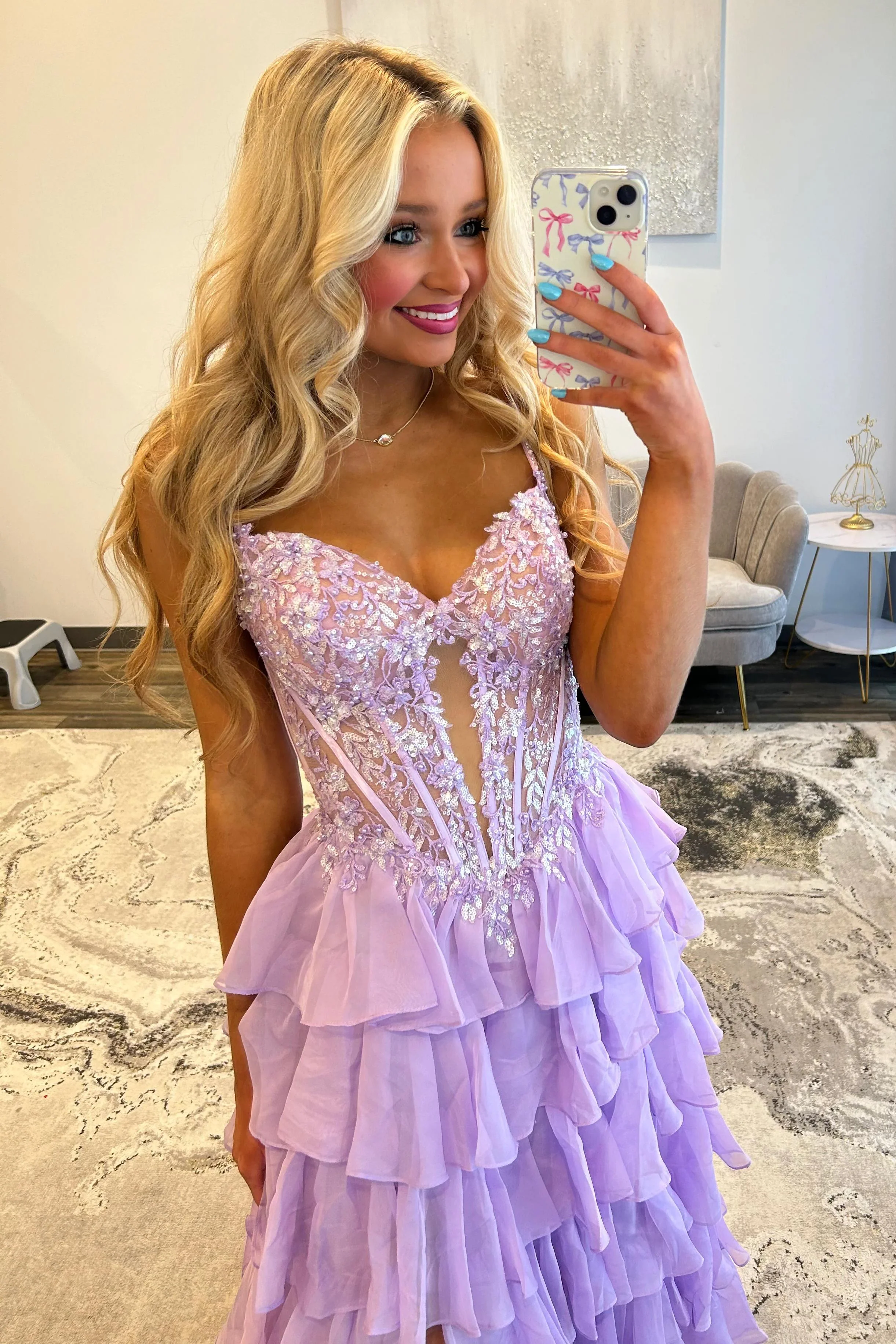 Lilac Appliqué Lace Corset Bodice Ruffle A-Line Prom Dress with High Slit - Image 5