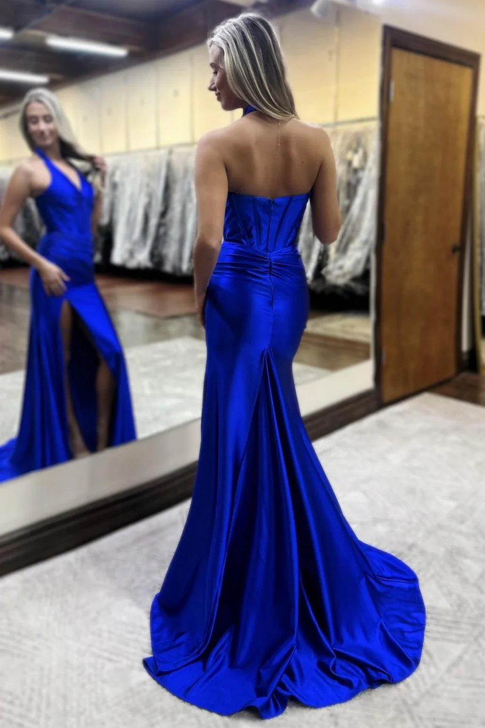 Lilac Halter Corset Satin Long Mermaid Prom Dress with Slit - Image 3