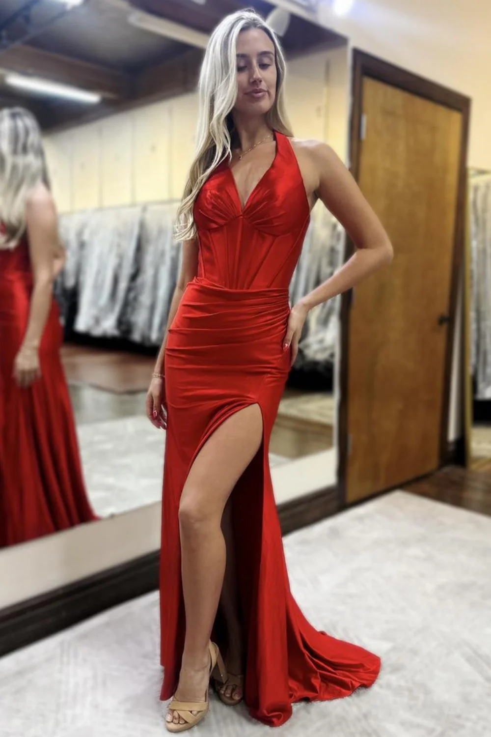Lilac Halter Corset Satin Long Mermaid Prom Dress with Slit - Image 9