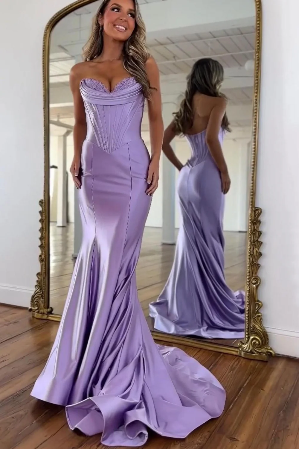 Lilac Satin Strapless Mermaid Prom Dress with Structured Corset Bodice - Image 2