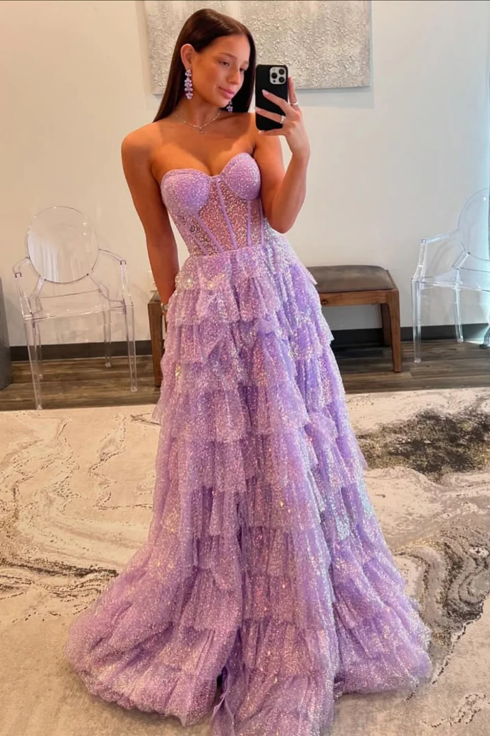 Lilac Sparkly A-Line Sweetheart Long Ruffle Prom Dress with Slit - Image 3