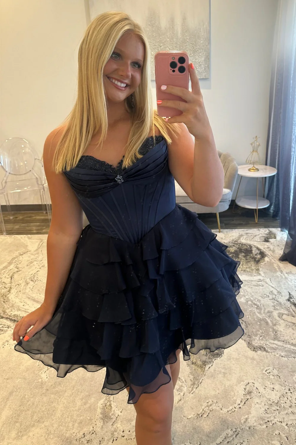 Lovely A-Line Corset Homecoming Dress with Lace Trim and Tiered Ruffle Skirt - Image 11