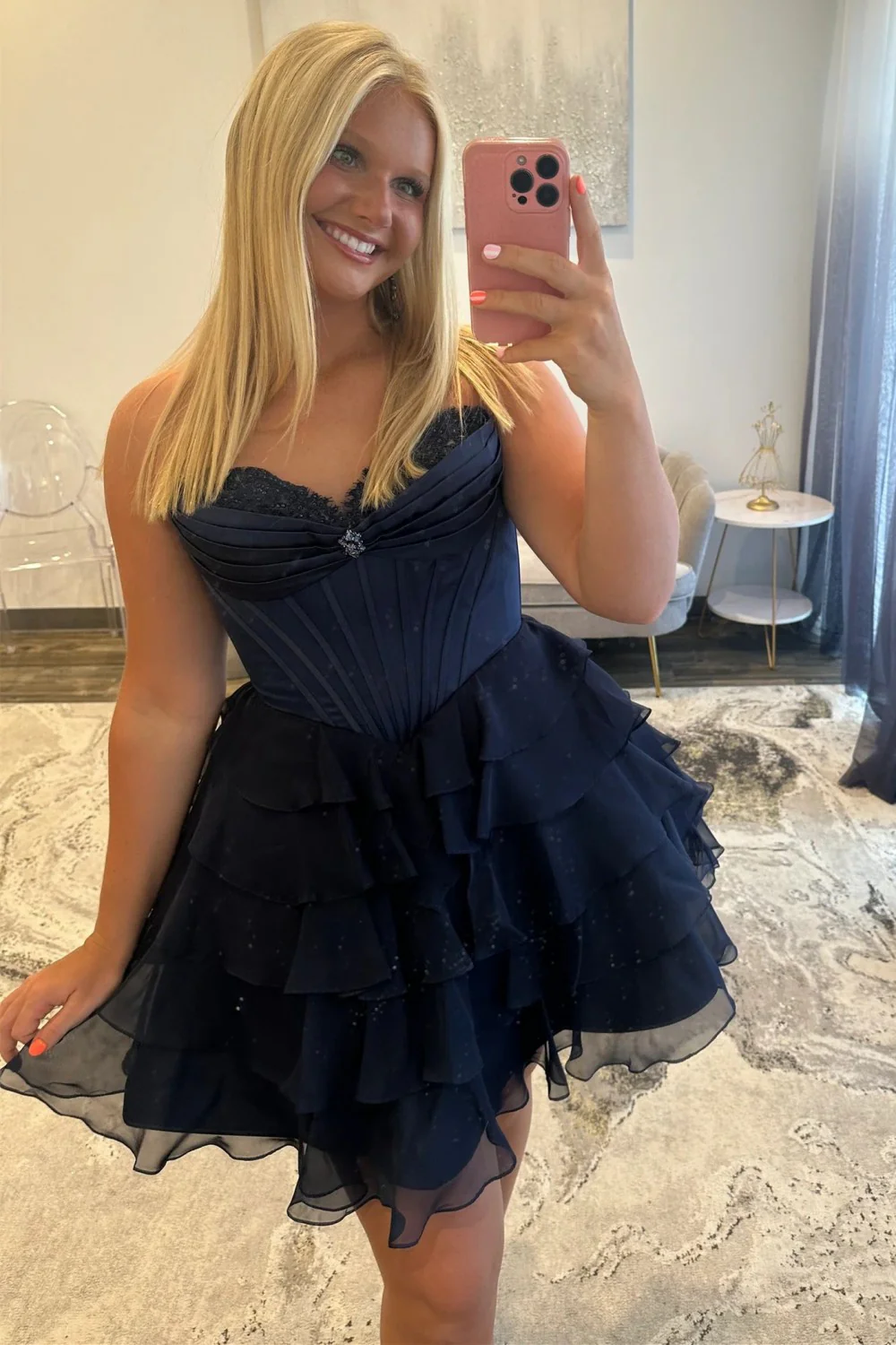 Lovely A-Line Corset Homecoming Dress with Lace Trim and Tiered Ruffle Skirt - Image 13