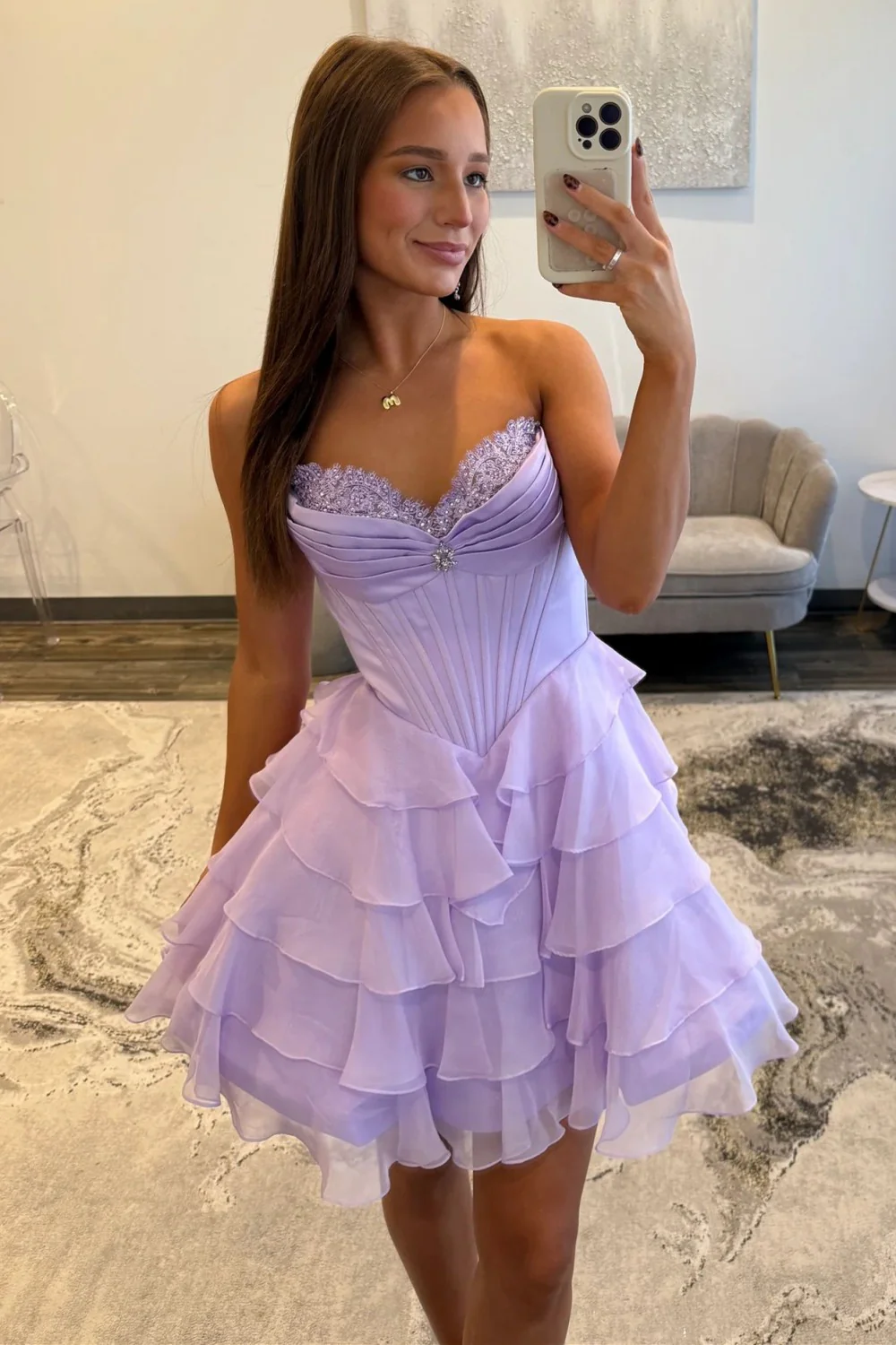 Lovely A-Line Corset Homecoming Dress with Lace Trim and Tiered Ruffle Skirt - Image 2