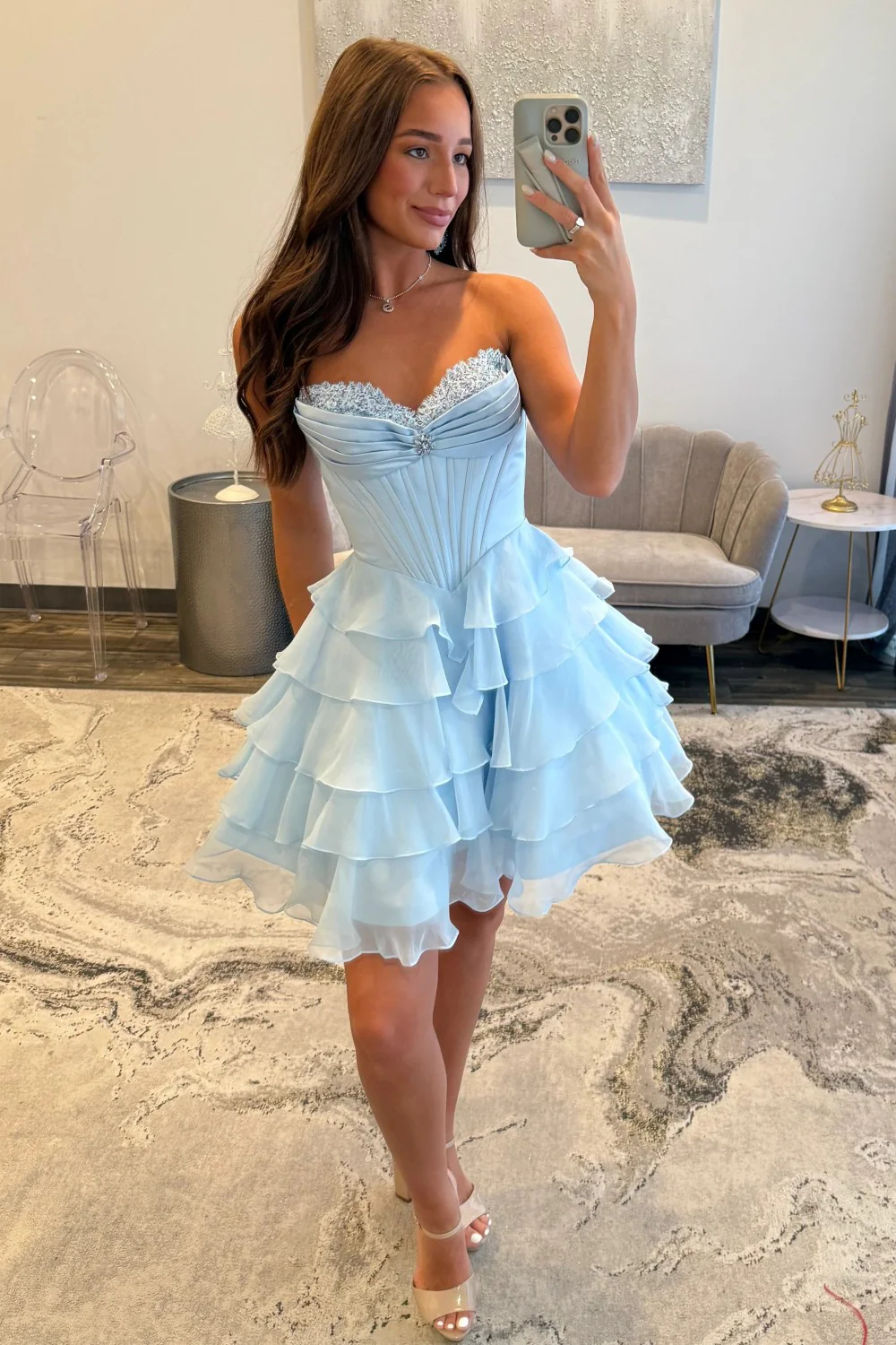 Lovely A-Line Corset Homecoming Dress with Lace Trim and Tiered Ruffle Skirt - Image 9
