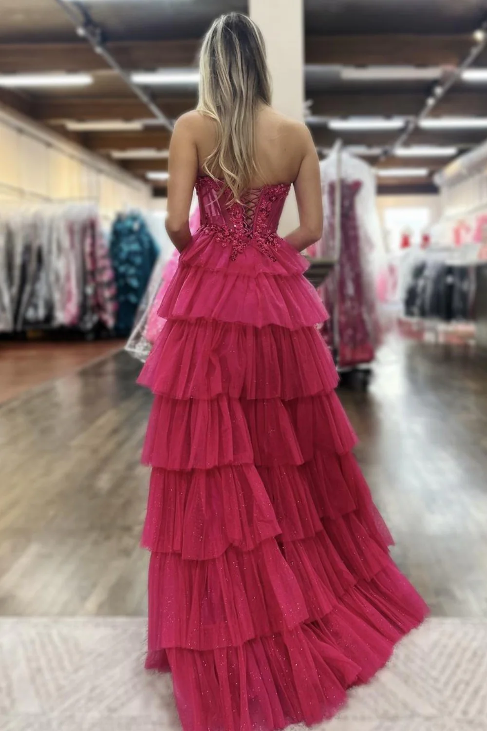 Lovely A-Line Strapless Lace Top Corset Prom Dress with Layered Tulle Skirt - Image 2