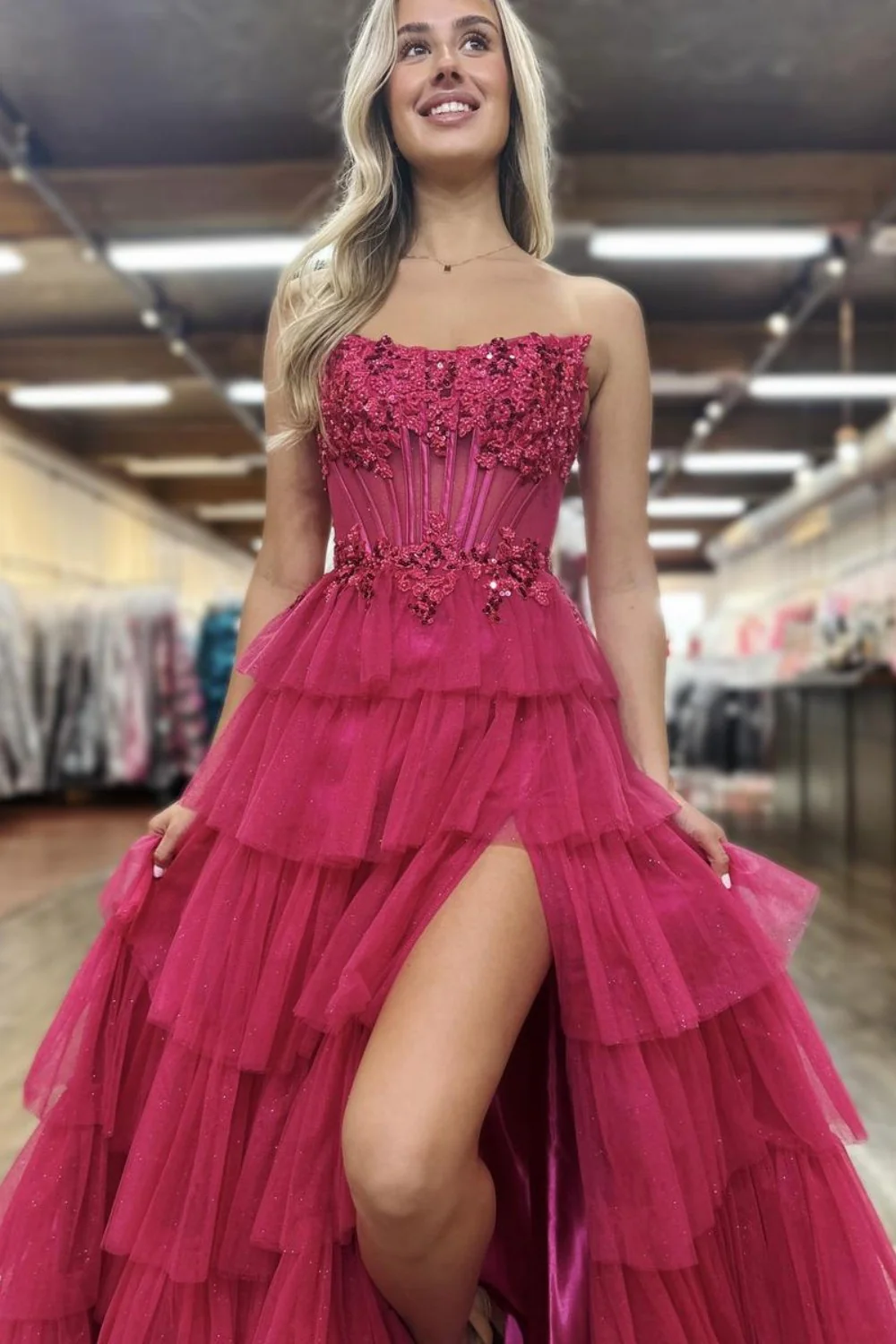 Lovely A-Line Strapless Lace Top Corset Prom Dress with Layered Tulle Skirt - Image 3