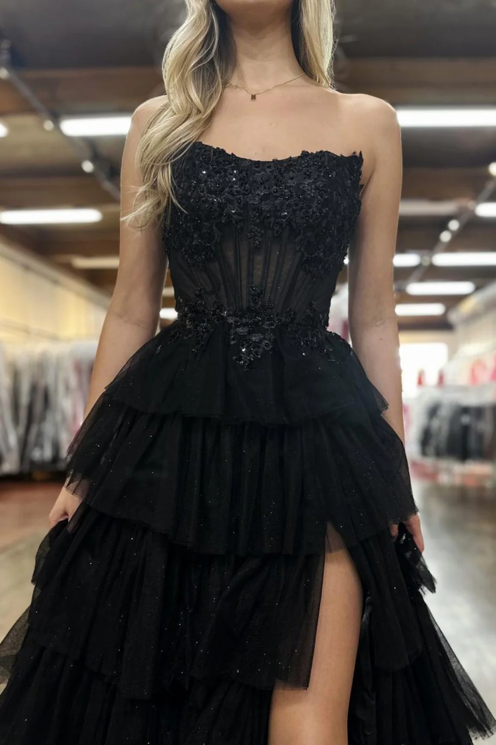 Lovely A-Line Strapless Lace Top Corset Prom Dress with Layered Tulle Skirt - Image 5