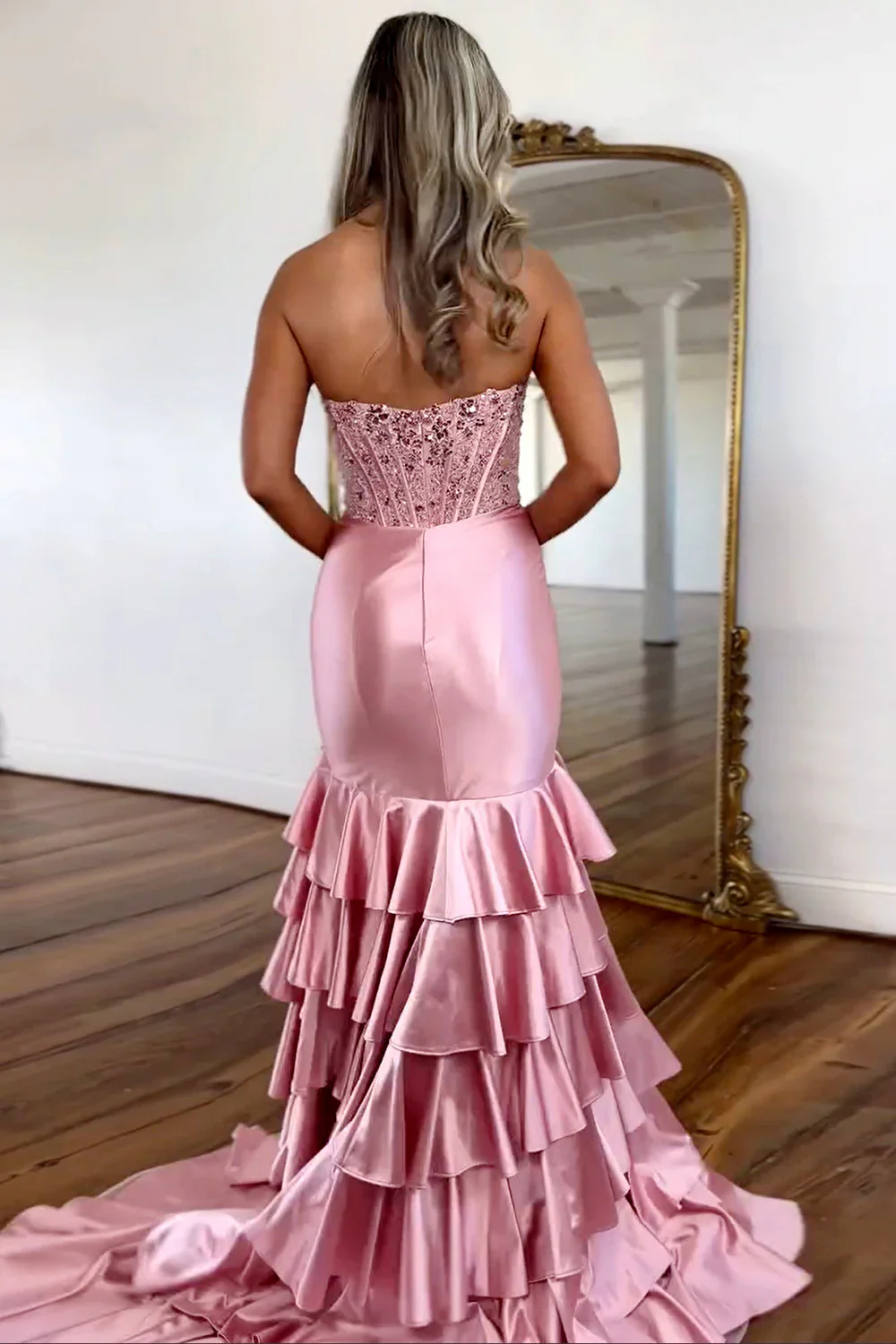 Lovely Mermaid Strapless Lace Top Long Ruffle Satin Prom Dress with Slit - Image 3