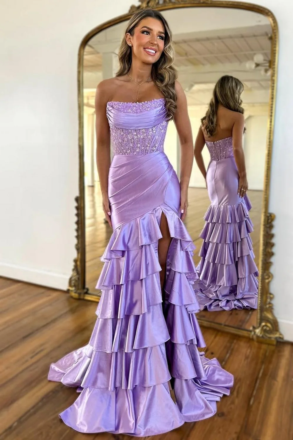 Lovely Mermaid Strapless Lace Top Long Ruffle Satin Prom Dress with Slit - Image 8
