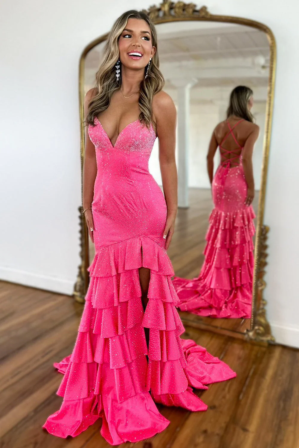 Luxurious Black Beaded Mermaid Prom Dress with Lace Up Corset and Thigh Slit - Image 3