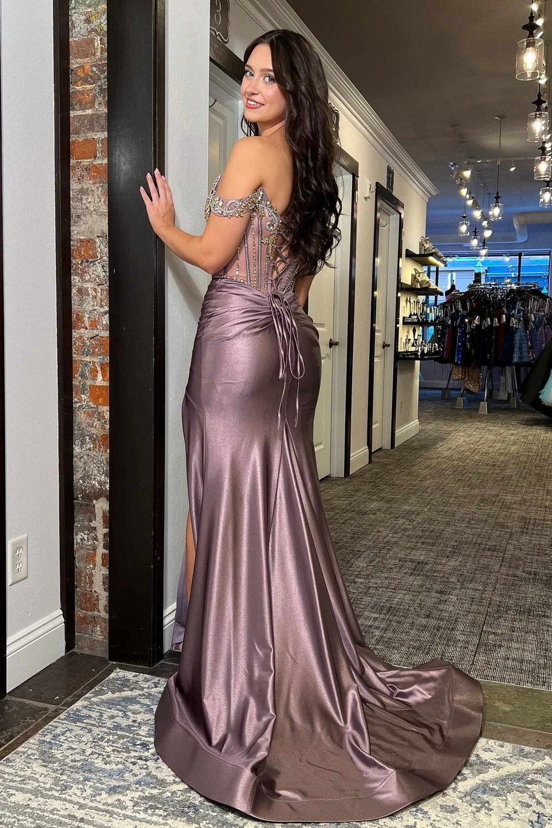 Luxurious Mermaid Off the Shoulder Grey Purple Corset Prom Dress with Beading - Image 2