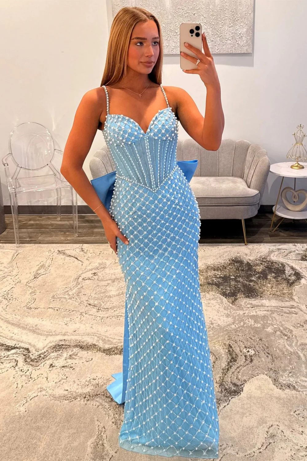 Luxurious Mermaid Spaghetti Straps Blue Corset Prom Dress with Pearls - Image 4