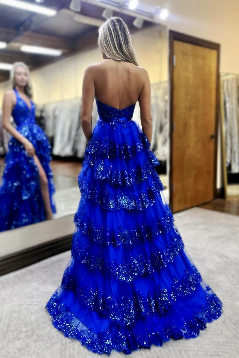Luxurious Royal Blue Halter Neck Backless Ruffled Sequin Prom Dress with Slit - Image 3