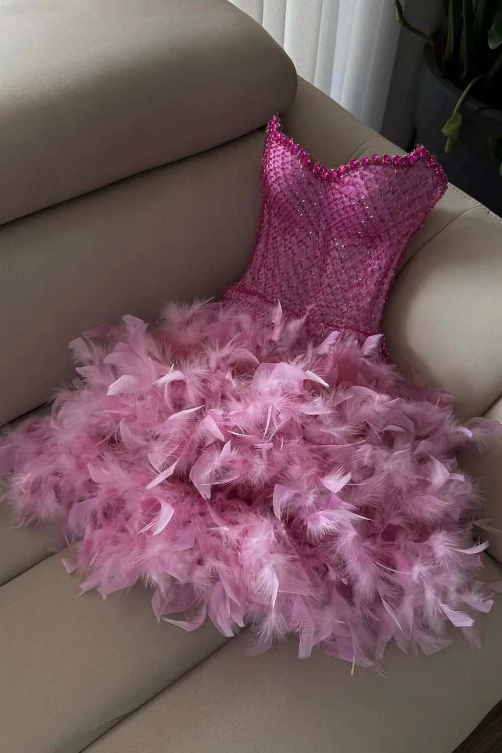 Luxurious Sparkly Beaded Top Short Tight Homecoming Dress with Feather - Image 8