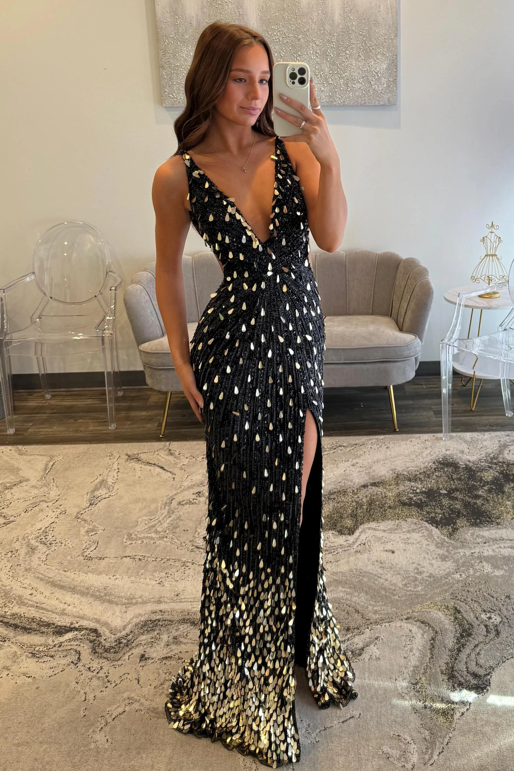 Fully Beaded Prom Dress with Deep V Neck Slit and Open Back - Image 2