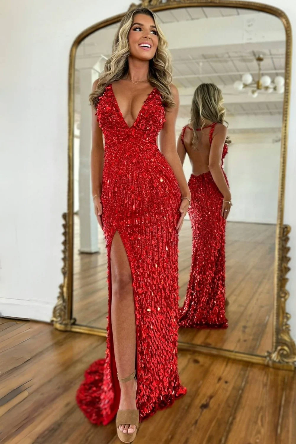 Fully Beaded Prom Dress with Deep V Neck Slit and Open Back - Image 14