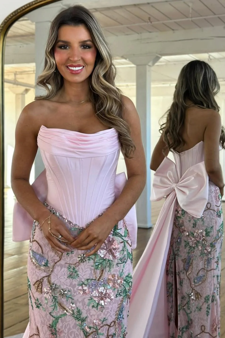 Luxury Blush Pink Strapless Prom Gown with Corset Bodice Floral Sequin Detail & Train - Image 3