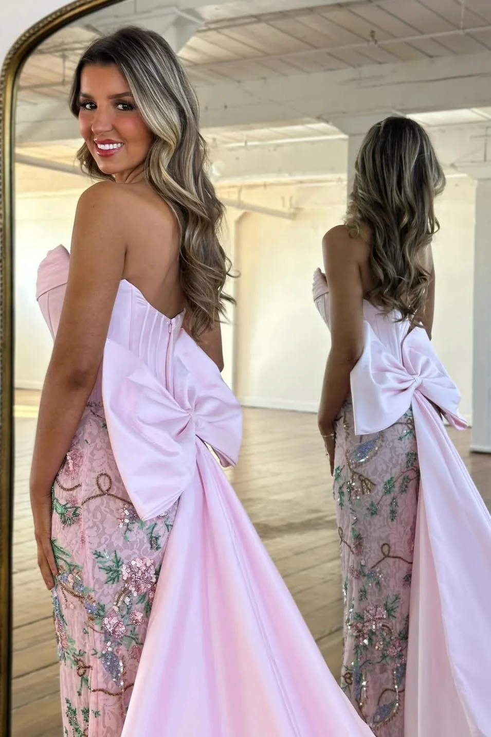 Luxury Blush Pink Strapless Prom Gown with Corset Bodice Floral Sequin Detail & Train - Image 4