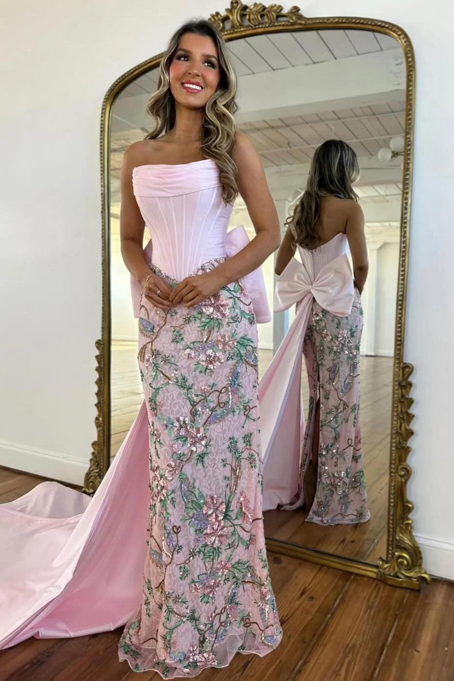 Luxury Blush Pink Strapless Prom Gown with Corset Bodice Floral Sequin Detail & Train - Image 5