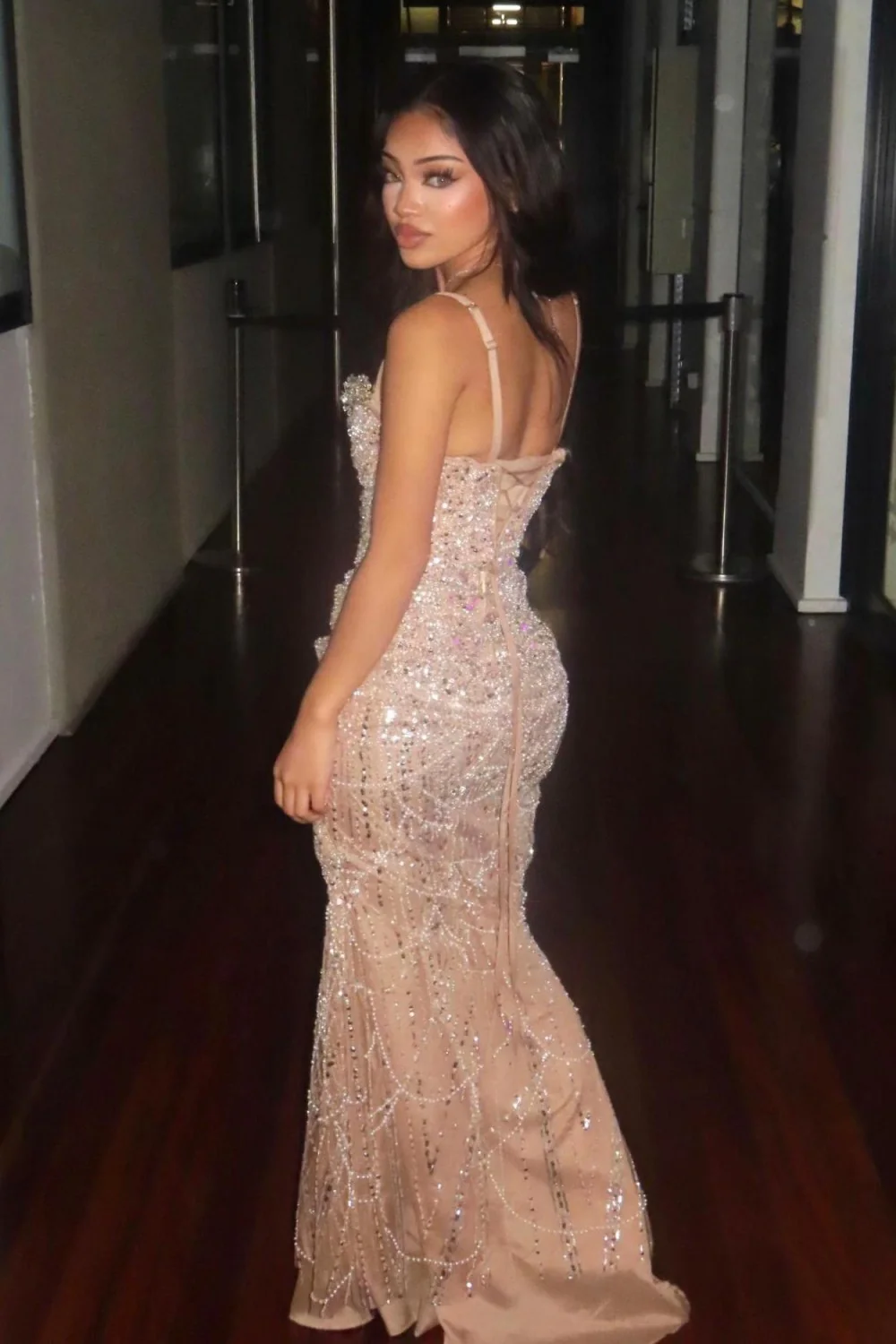 Luxury Champagne Crystal Beaded Mermaid Prom Dress with Spaghetti Straps - Image 4